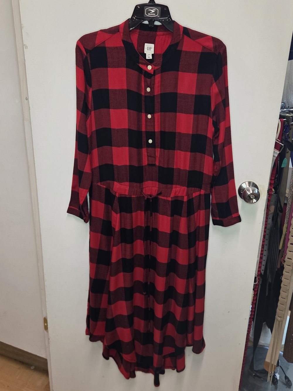 Gap Buffalo Plaid Henley Midi Shirt Dress Red Black Drawstring Long Sleeve XS